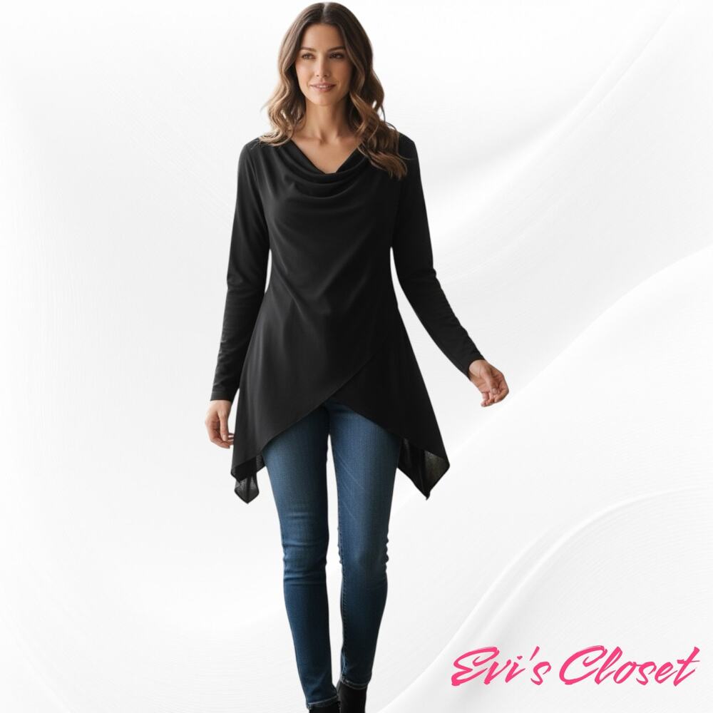 Chaus New York Women's Sz XL Black Long Sleeve Tunic Cowl Neck Shark Bite Hem